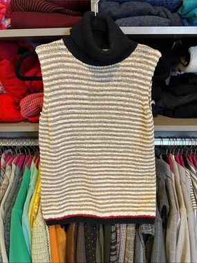Marisa Christina black/white/tan stripe sleeveless turtleneck sweater size S NWT